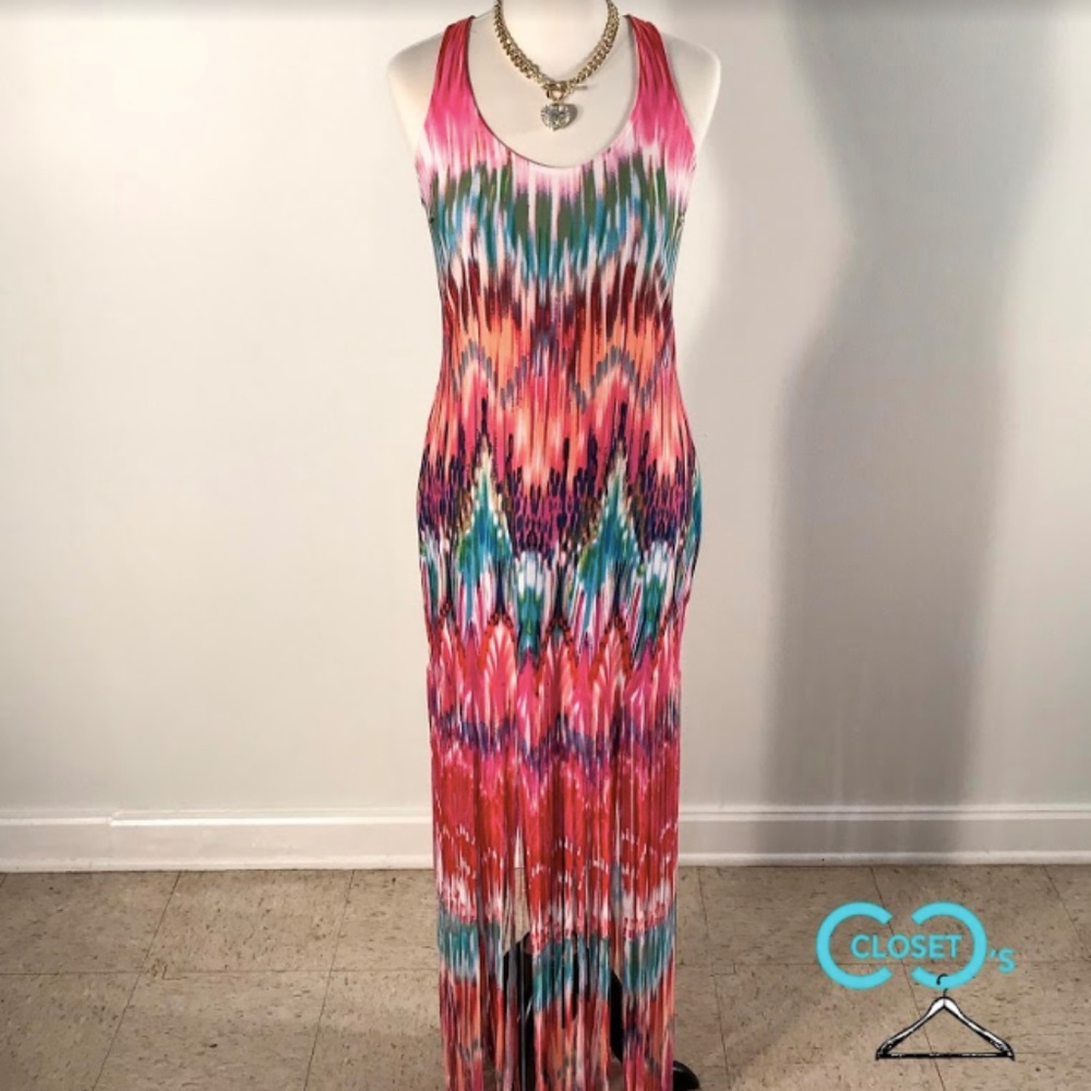 Watercolor Tank Dress With Fringe